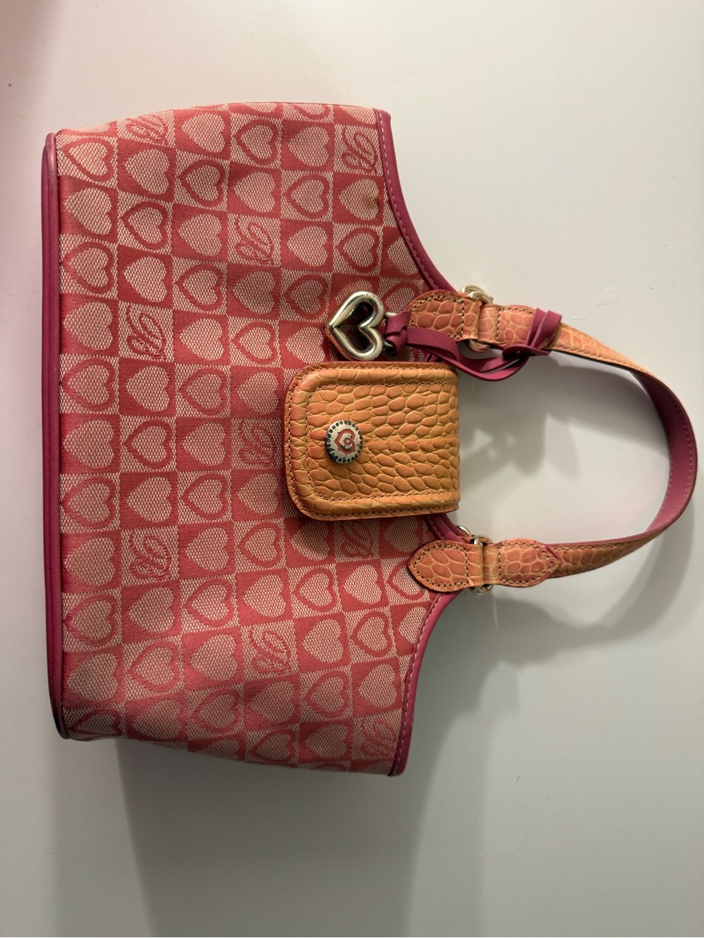 Brighton Pink Heart-Print Mini Tote with Orange Accent Pouch